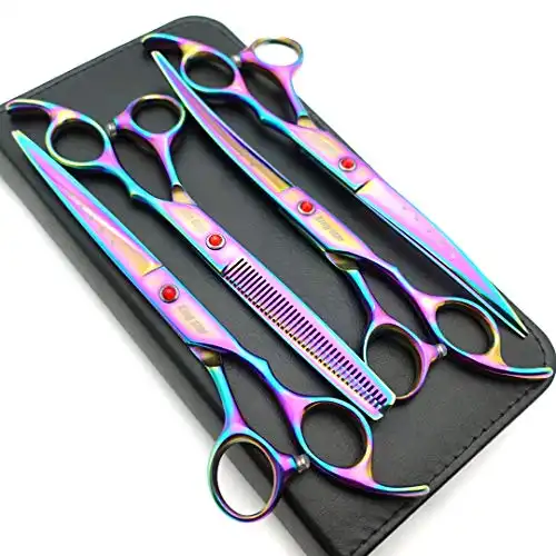 7.0in Titanium Rainbow Professional Pet Grooming Scissors Set,Straight & Thinning & Curved Scissors 4pcs Set for Dog Grooming,(Rainbow)